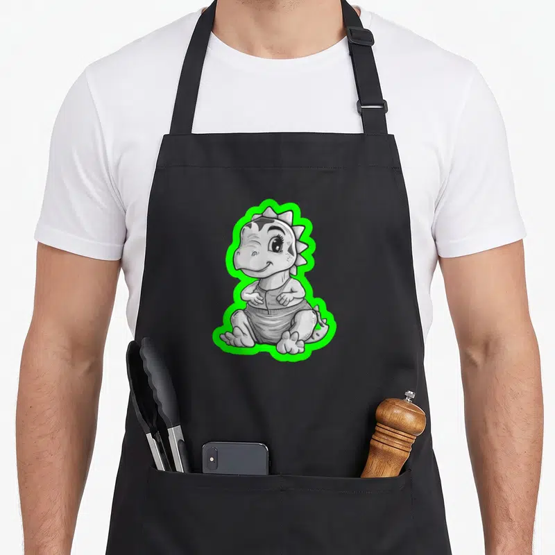 Tablier de cuisine noir avec illustration d'un bébé dinosaure mignon en couche entouré de vert.