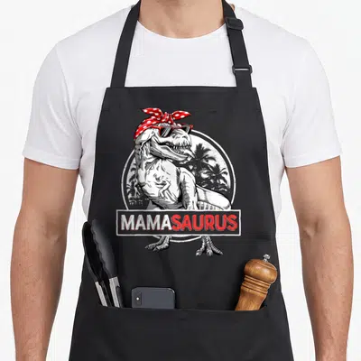 Tablier de cuisine noir avec illustration T-rex en bandana et texte Mamasaurus