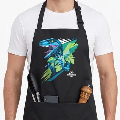 Tablier de cuisine noir avec un raptor stylisé en polygons bleus et feuilles vertes