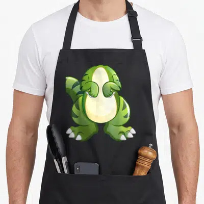 Tablier de cuisine noir avec illustration d'un petit dinosaure vert T-Rex aux bras courts et au ventre crème.
