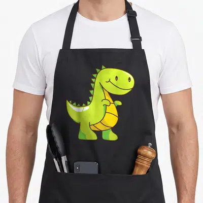 Tablier de cuisine noir avec un Dino Trex vert souriant aux contours marron et ventre jaune.