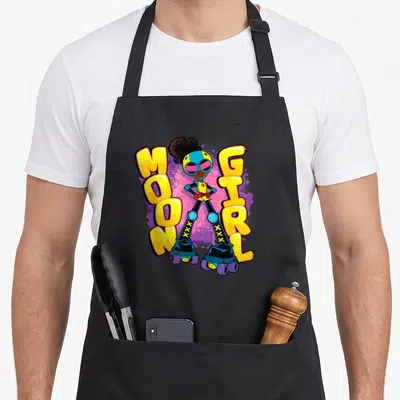 Tablier de cuisine noir avec Moon Girl en roller et lettres jaunes style graffiti mural.