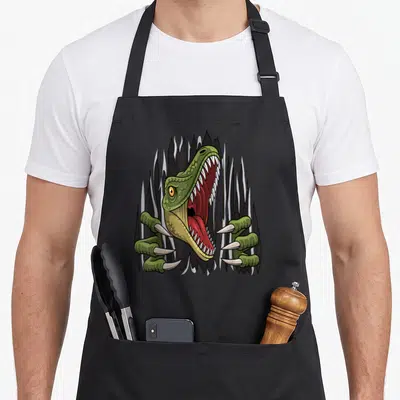Tablier de cuisine noir avec une illustration d'un raptor vert aux griffes blanches et dents pointues sortant des ténèbres.