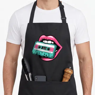 Tablier de cuisine noir avec illustration de lèvres roses tenant une cassette audio turquoise rose et blanche.