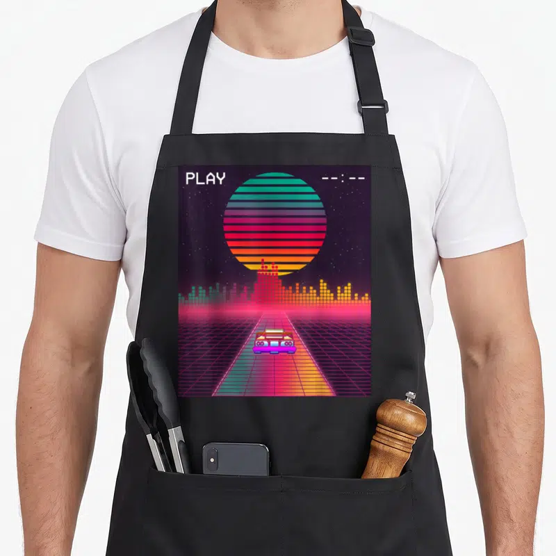 Tablier de cuisine noir avec illustration Synthwave montrant une voiture sur grille néon devant un soleil strié et le mot PLAY.