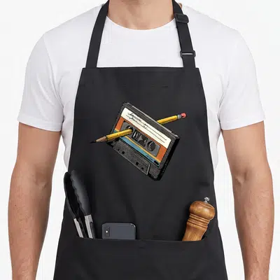 Tablier de cuisine noir avec illustration d'une cassette audio traversée par deux crayons jaunes style dessin rétro.