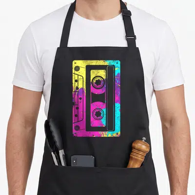 Tablier de cuisine noir avec une illustration colorée de cassette audio style pop art jaune et rose.