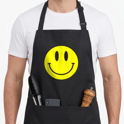 Tablier de cuisine noir avec un grand visage souriant jaune aux traits noirs simples style années 80.