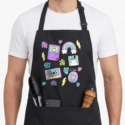 Tablier de cuisine noir avec illustrations colorées de cassette, console, rainbow et tamagotchi style kawaii.