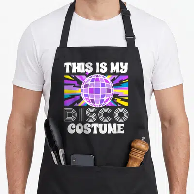 Tablier de cuisine noir avec boule de miroir violette et texte blanc This Is My Disco Costume.