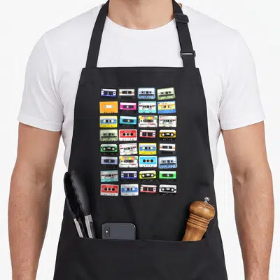 Tablier de cuisine noir avec une grille de cassettes audio colorées style années 80 et 90.