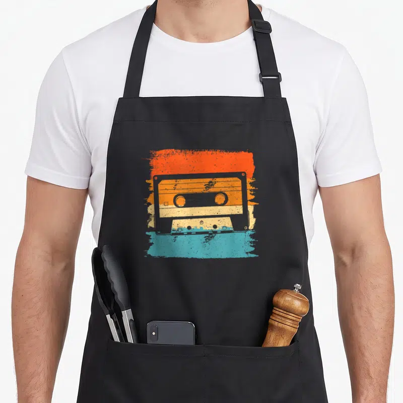 Tablier de cuisine noir avec illustration de cassette audio vintage orange et turquoise sur fond texturé.