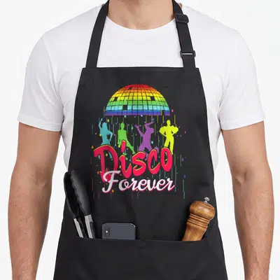 Tablier de cuisine noir avec une boule à facettes rainbow et des silhouettes dansantes sous l'inscription Disco Forever.