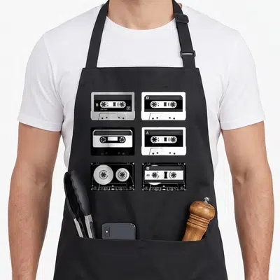 Tablier de cuisine noir avec six illustrations de cassettes audio blanches et noires styles années 80 et DJ.
