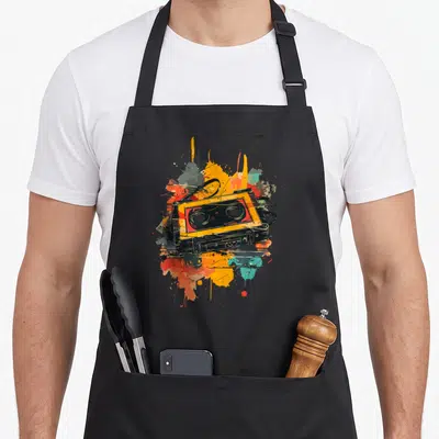 Tablier de cuisine noir avec illustration de cassette audio jaune et mixtape sur fond d'éclaboussures colorées.