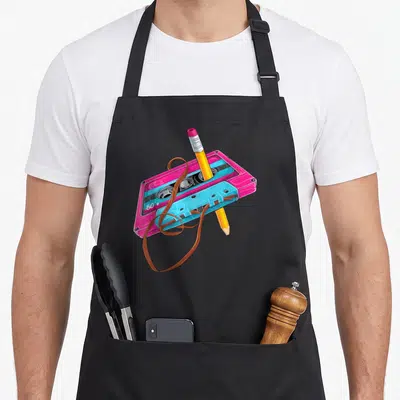 Tablier de cuisine noir avec illustration d'une cassette rose et d'un crayon jaune traversant le support audio.