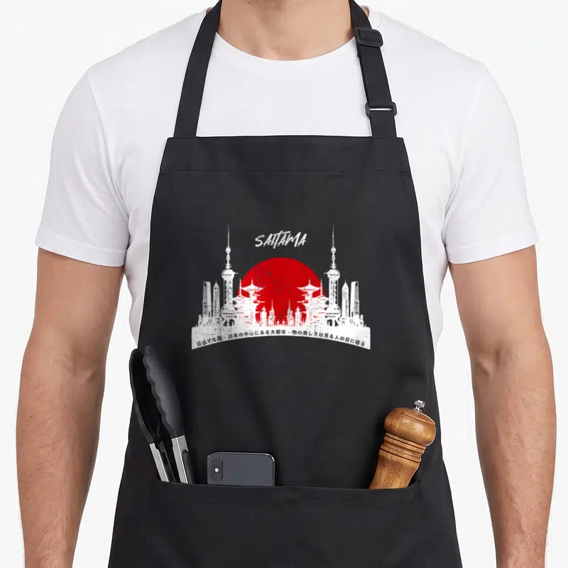 Tablier de cuisine noir avec skyline blanc, grand cercle rouge et texte Saitama en haut.