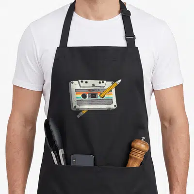 Tablier de cuisine noir avec illustration de cassette audio rétro et crayon jaune traversant l'étiquette colorée.