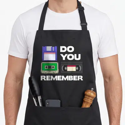 Tablier de cuisine noir avec illustration de disquette, cassette audio, bande VHS et texte Do You Remember en blanc.