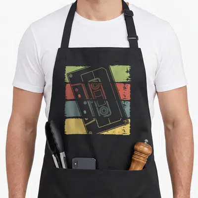 Tablier de cuisine noir avec illustration graphique d'une cassette audio vintage sur fond de bandes colorées pastels.