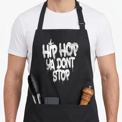 Tablier de cuisine noir avec l'inscription graffiti blanche Hip Hop Ya Don't Stop et une étoile stylisée au-dessus du mot Hip.