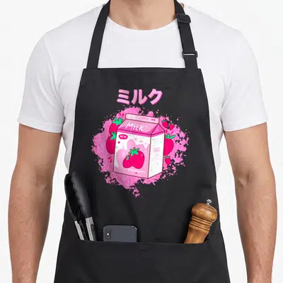 Tablier de cuisine noir avec illustration carton de lait fraise rose et texte japonais.
