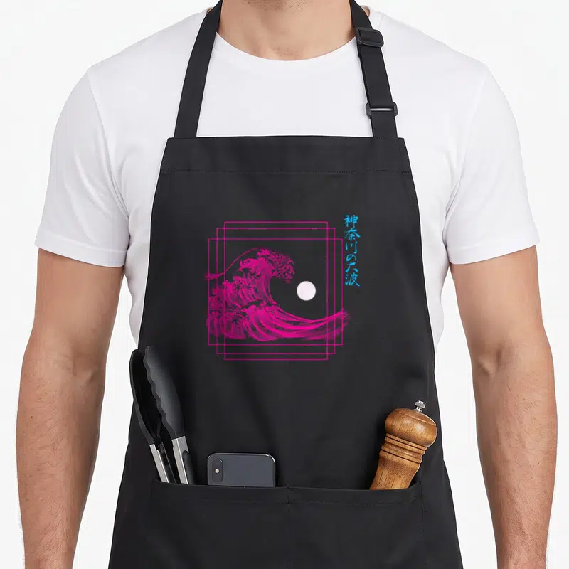 Tablier de cuisine noir avec une onde rose vif encadrée de lignes géométriques et des caractères japonais cyan.