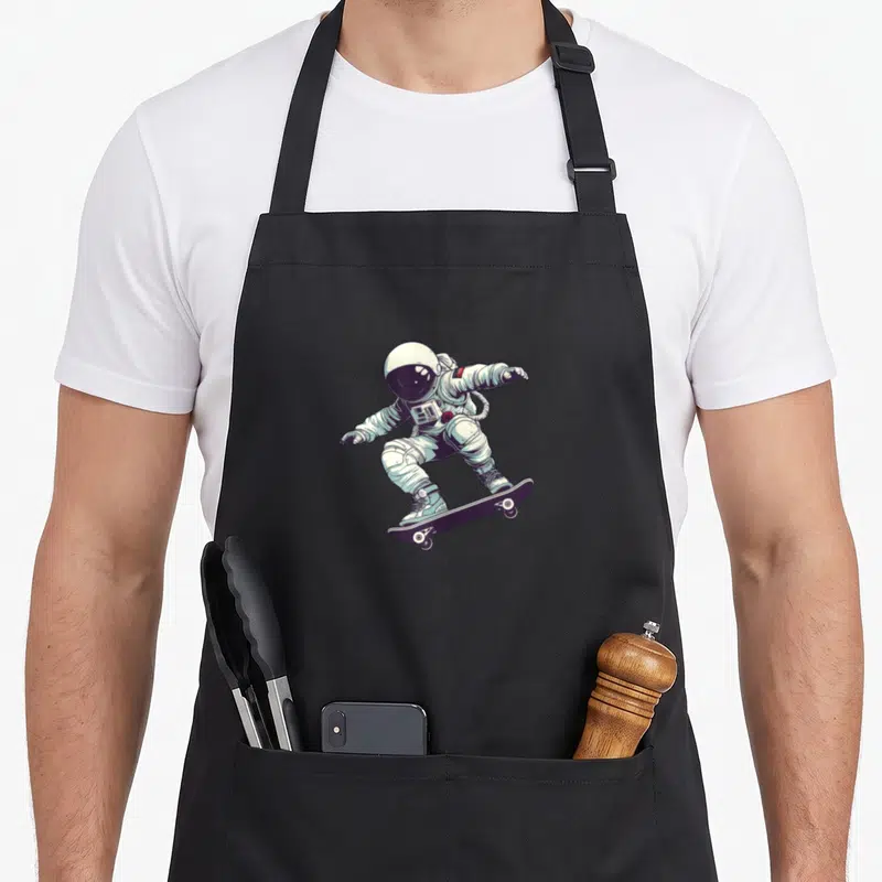 Tablier de cuisine noir avec un astronaute en train de faire du skateboard dans un style illustration vintage des années 80.