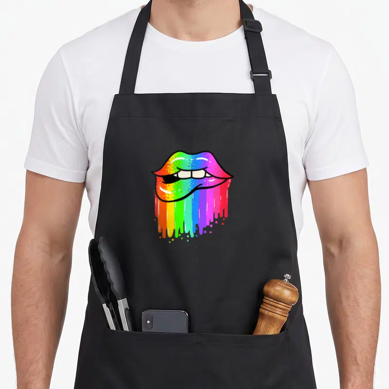 Tablier de cuisine noir avec lèvres arc-en-ciel déglissantes style années 80