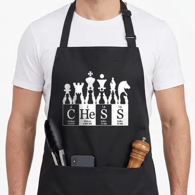 Tablier de cuisine noir avec des pièces d'échecs blanches et le mot CHeSS en éléments chimiques.