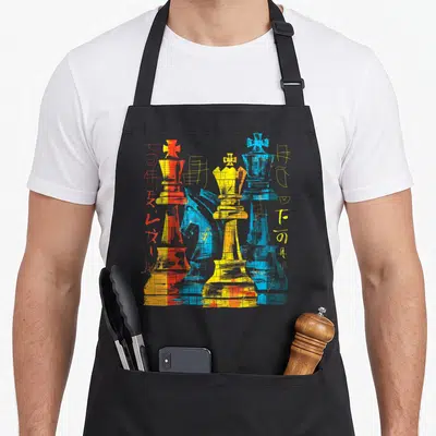Tablier de cuisine noir avec des pièces d'échecs colorées en rouge, jaune et bleu sur un fond graphique.