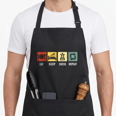 Tablier de cuisine noir avec quatre carrés colorés illustrant les étapes d'un joueur d'échecs.