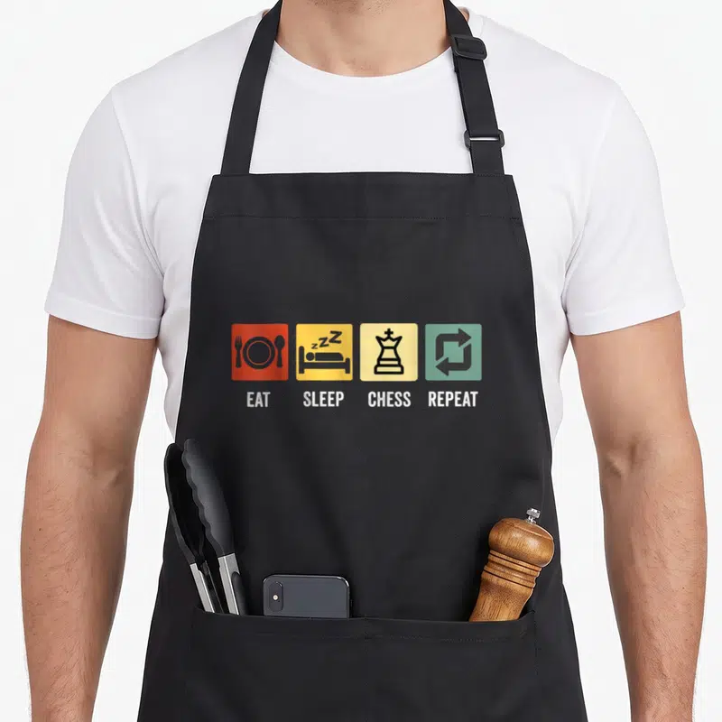 Tablier de cuisine noir avec quatre carrés colorés illustrant les étapes d'un joueur d'échecs.
