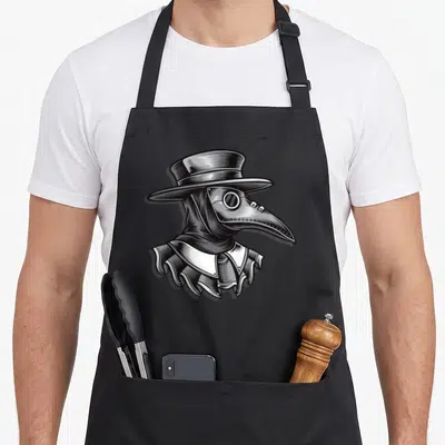 Tablier de cuisine noir avec illustration monochrome d'un médecin de la peste au masque à bec et col frangé.