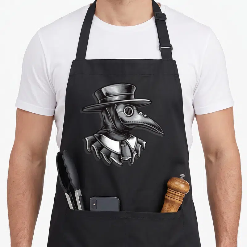 Tablier de cuisine noir avec illustration monochrome d'un médecin de la peste au masque à bec et col frangé.