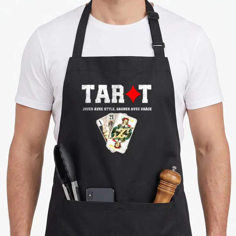 Tablier de cuisine noir avec l'inscription Tarot et deux cartes à jouer illustrées en style vintage.