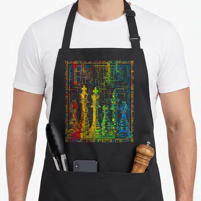 Tablier de cuisine noir avec des pièces d'échecs stylisées par des lignes multicolores et un fond mandala dense.