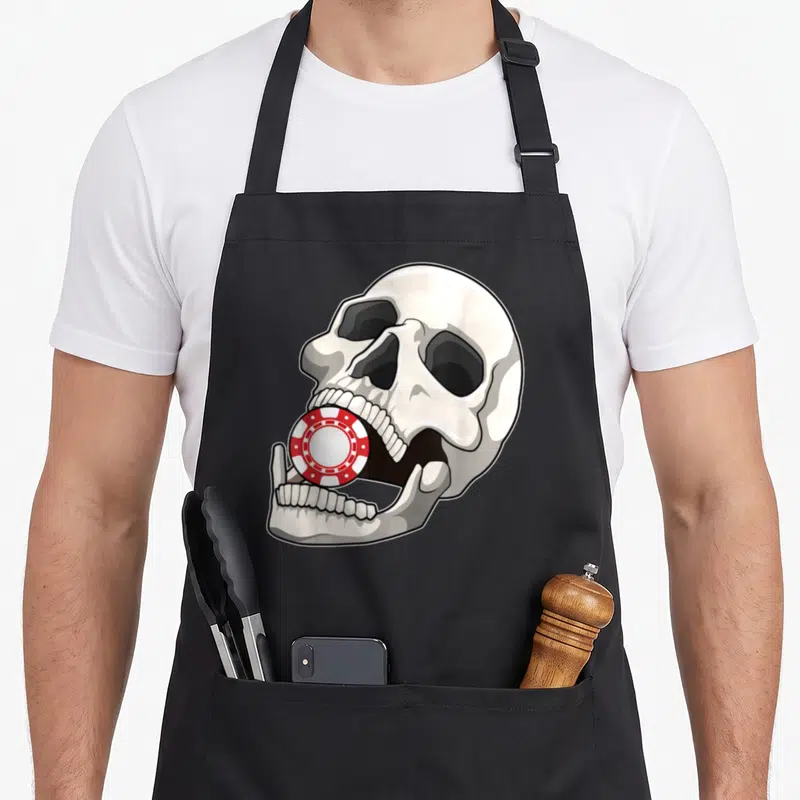 Tablier de cuisine noir avec illustration d'un crâne blanc tenant un jeton de poker rouge et blanc entre ses dents.