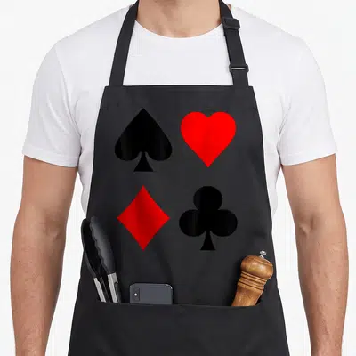Tablier de cuisine noir avec les symboles pique, cœur, diamant et trèfle en rouge et noir.