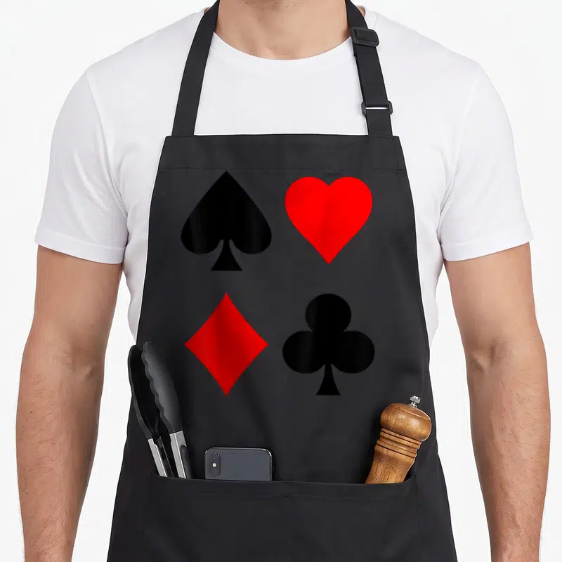 Tablier de cuisine noir avec les symboles pique, cœur, diamant et trèfle en rouge et noir.