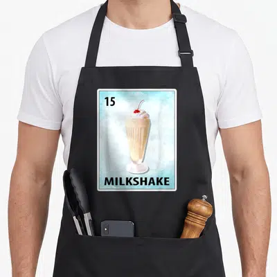 Tablier de cuisine noir avec une illustration de carte à jouer numéro 15 montrant un milkshake.