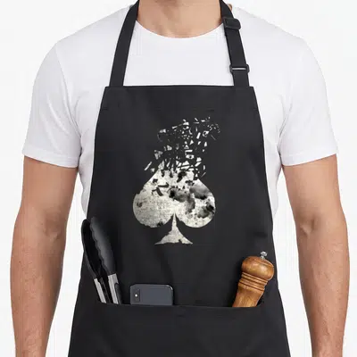 Tablier de cuisine noir avec un As de pique blanc se désintégrant en fragments géométriques et taches sombres.