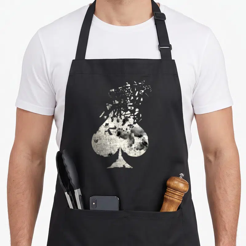 Tablier de cuisine noir avec un As de pique blanc se désintégrant en fragments géométriques et taches sombres.