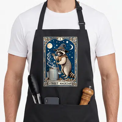 Tablier de cuisine noir avec illustration carte de tarot représentant un raton laveur magicien près d'une poubelle métallique.