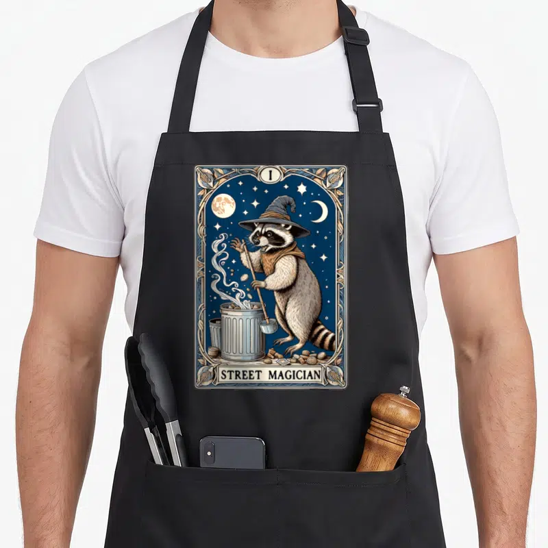 Tablier de cuisine noir avec illustration carte de tarot représentant un raton laveur magicien près d'une poubelle métallique.