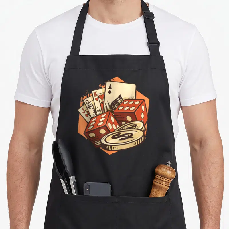 Tablier de cuisine noir avec illustration de cartes à jouer, jetons argent et dés rouges sur fond orange.