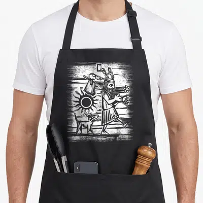 Tablier de cuisine noir avec illustration gravée style tarot représentant un personnage à l'oeil unique et un chien.
