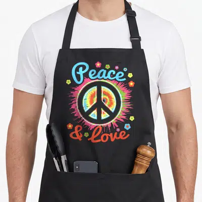 Tablier de cuisine noir avec un grand signe de paix coloré et les mots Peace et Love entourés de petites fleurs.