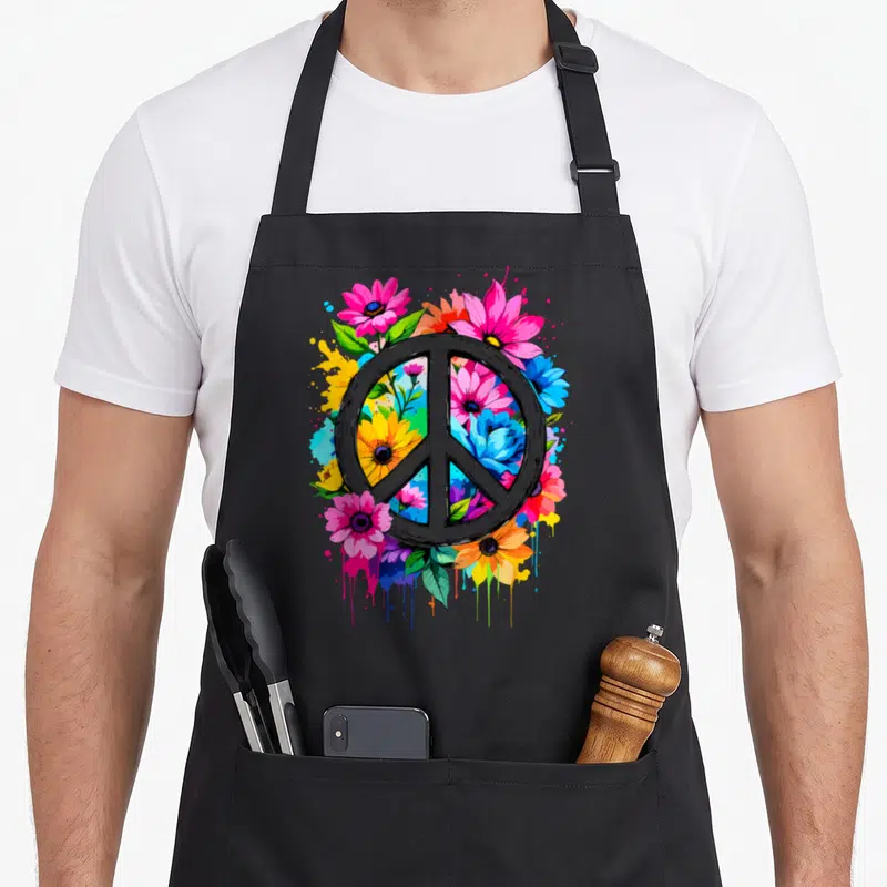 Tablier de cuisine noir avec un signe de paix entouré de fleurs roses, bleues et jaunes aux couleurs vives.