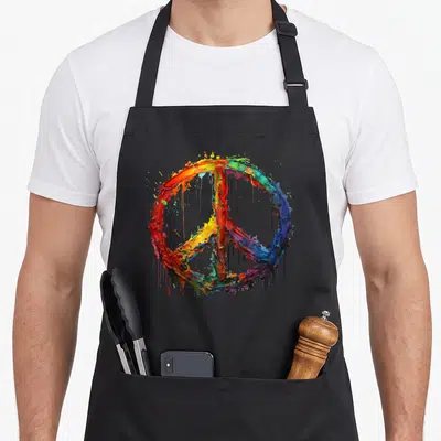 Tablier de cuisine noir avec un grand symbole de paix coloré style peinture abstraite et coulante sur fond uni.